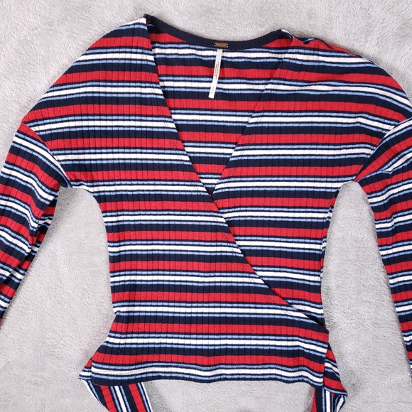 Free People Always With Me Faux Wrap Long Sleeve Tee S Red Blue White - Picture 3 of 9